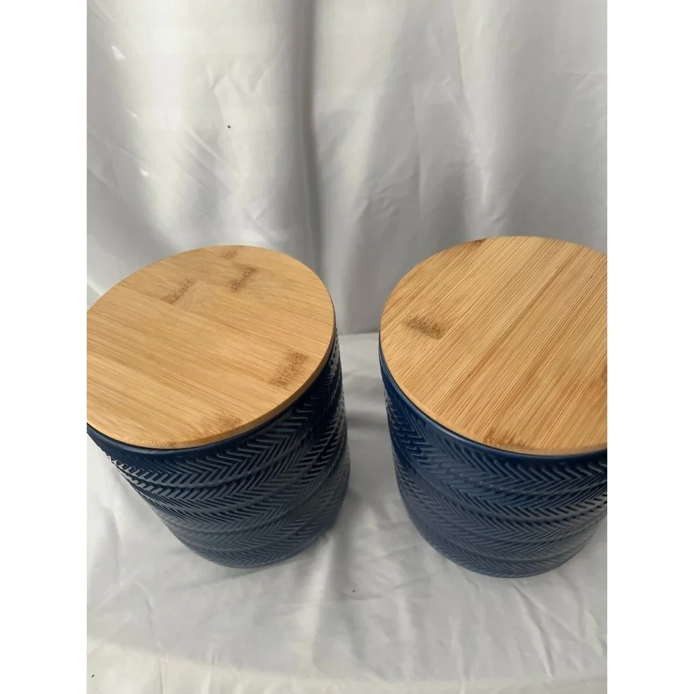 Set of 2 Blue Ceramic Storage Canisters w/ Bamboo Lids Chevron Kitchen Decor